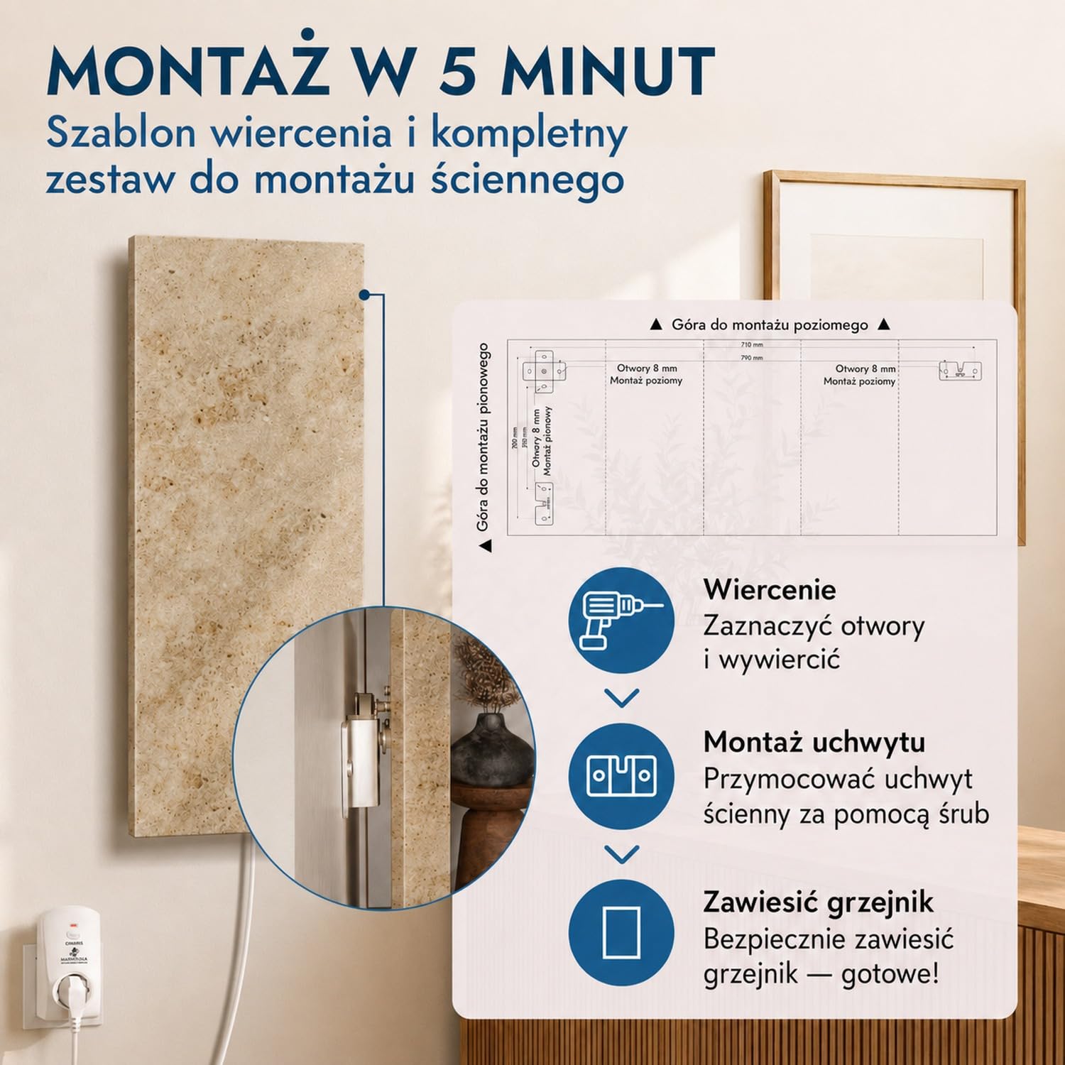 Marwona | Marmurowy promiennik podczerwieni z cyfrowym termostatem | 800 W | Lymonit | energooszczędne ogrzewanie ścienne na podczerwień | 5 lat | niemiecka jakość