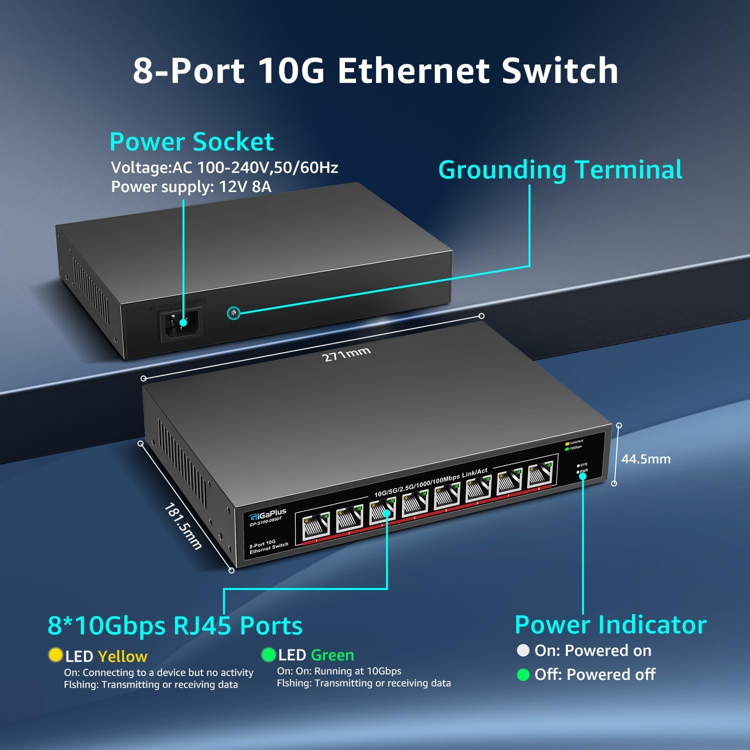 8 Port 10Gb Ethernet Switch Unmanaged, 8X 10Gbe Base-T Ports, GiGaPlus 10G Network Switch for 10Gbps NAS, PC, WiFi7 Router, 10Gbps Adapter/NIC. Desktop/ 19-inch Rack Mount, Plug and Play
