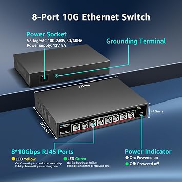 8 Port 10Gb Ethernet Switch Unmanaged, 8X10Gbe Base-T Ports GiGaPlus 10G Network Switch for 10Gbps NAS, WiFi7 Router, 10Gbps Adapter/NIC. Desktop/19-inch Rack Mount, Plug and Play