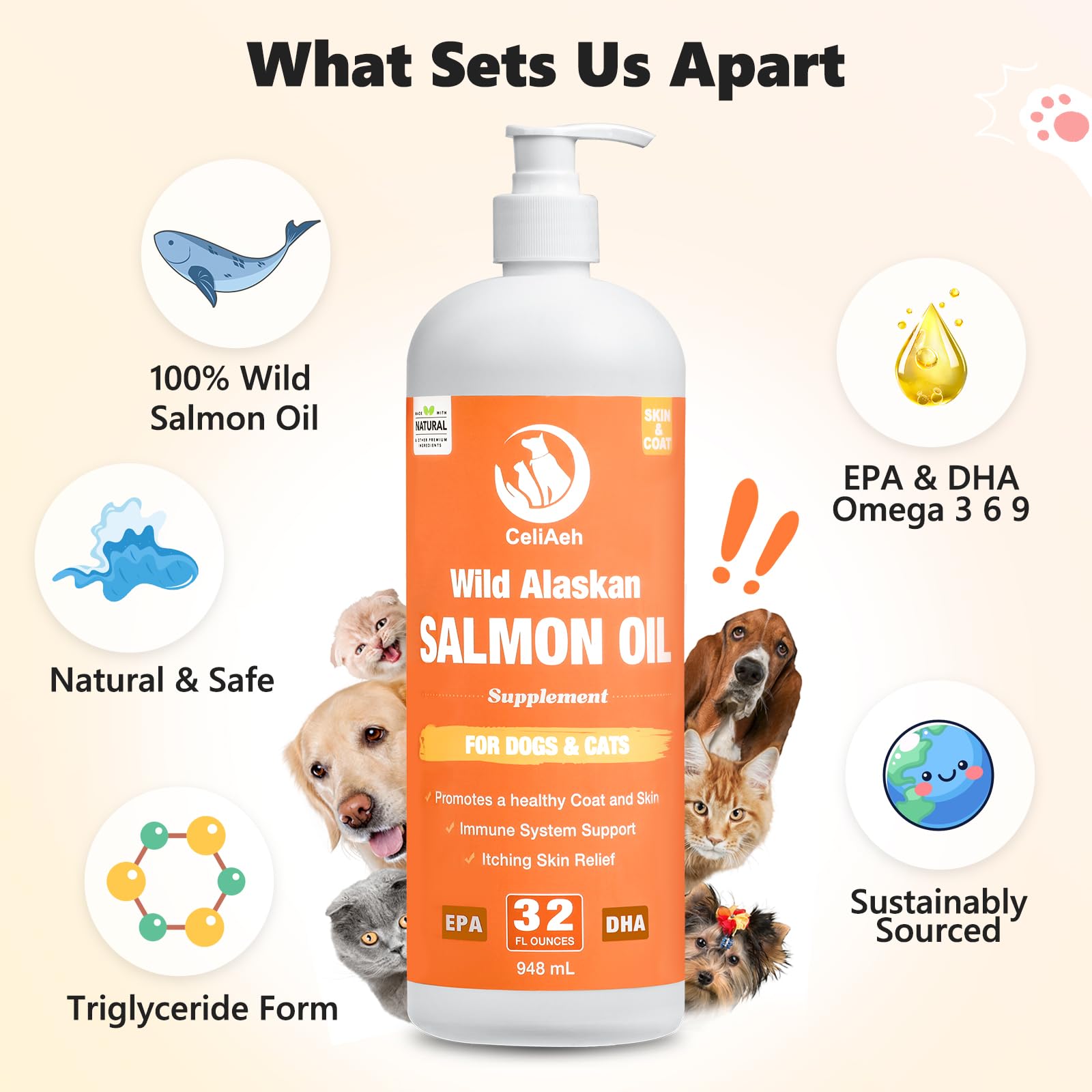 Wild Salmon Oil for Dogs & Cats 32oz Omega 3 Fish Oil Skin & Coat Supplement Pure Fish Omega 3 6 9 Liquid EPA DHA Fatty Acids - Itchy Relief Supports Joint Function, Brain, Eye, Immune & Heart Health — Amazon image 6