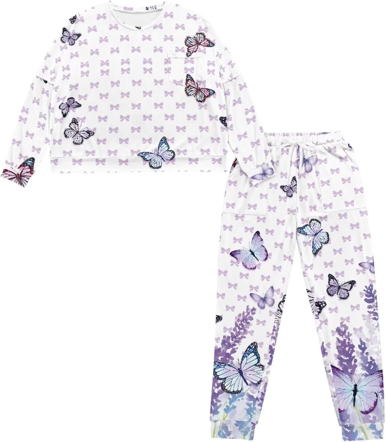 Women's Pajama Set, Long Sleeve Top Long Pants, Loose Sleepwear Loungewear Pjs 2Pcs with Drawstring for Daily Wear