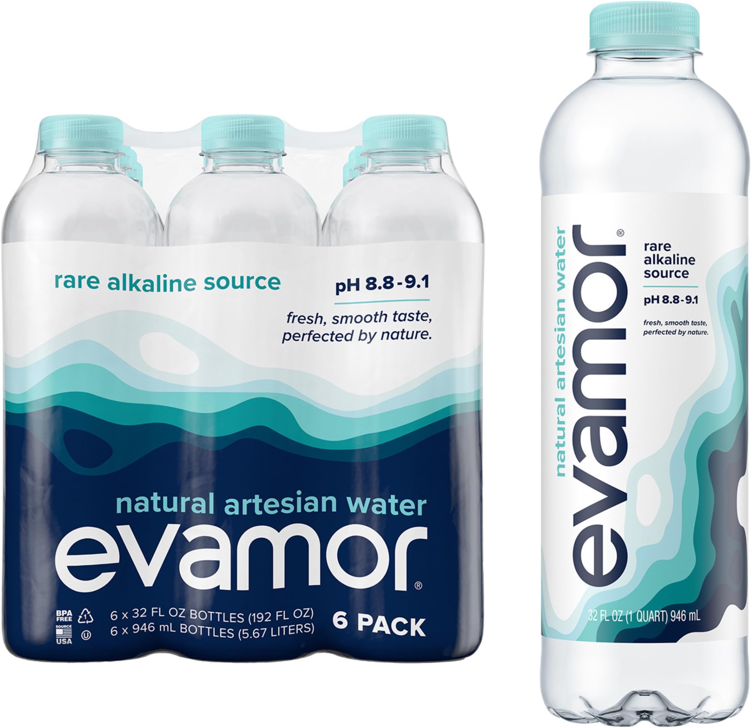 EVAMOR Artesian Bottled Water - Single Source, Naturally Alkaline and Full of Electrolytes for Hydration and Health, 32 Fl. Oz. Bottles (Pack of 6)