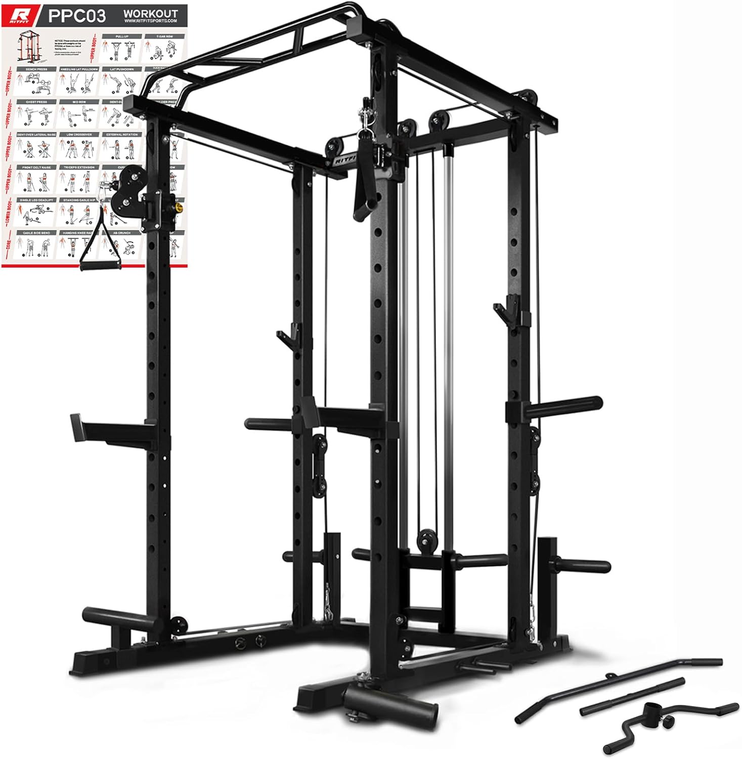 RitFit Multi-Function Squat Rack Power Cage PPC03 with Cable Crossover System, 1000LBS Capacity Power Rack and Packages with Optional Weight Bench, Barbell Weight Set, for Garage Workout & Home Gym RitFit Multi-Function Squat Rack Power Cage PPC03 with Cable Crossover System, 1000LBS Capacity Power Rack and Packages with Optional Weight Bench, Barbell Weight Set, for Garage Workout & Home Gym
