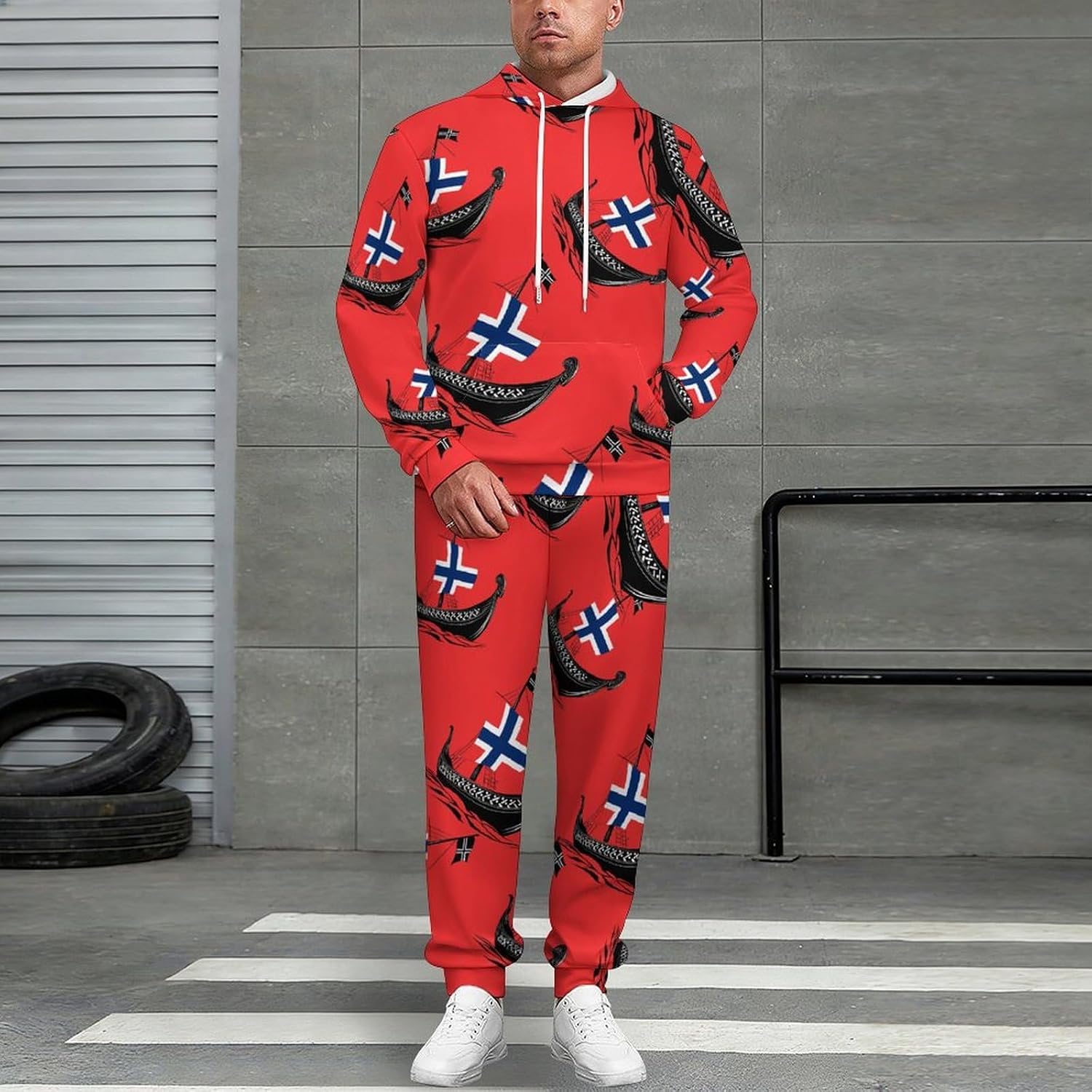 Boat Norwegian Flag Vikingship Men's Hooded Set Casual 2 Pieces Suits Pullover Tracksuit Hoodies And Sweatpants