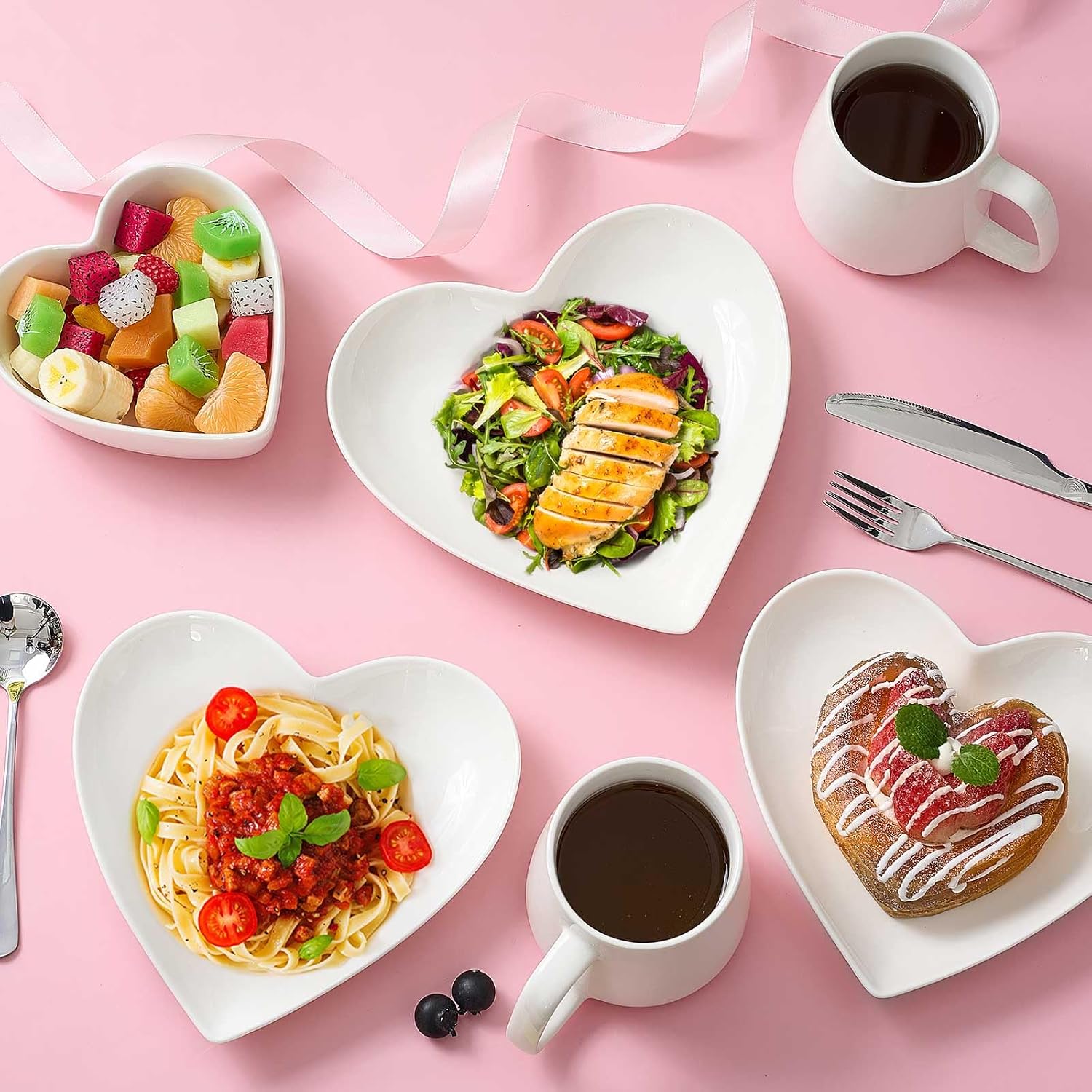 Suclain 14 Pcs Heart Shaped Dish Set Valentine's Day Include 4 Matte Heart Shaped Ceramic Dinner Plate, 2 Pink Bowls, 2 Ceramic Coffee Mug, 6 Gold Cutlery Set for Party(White)