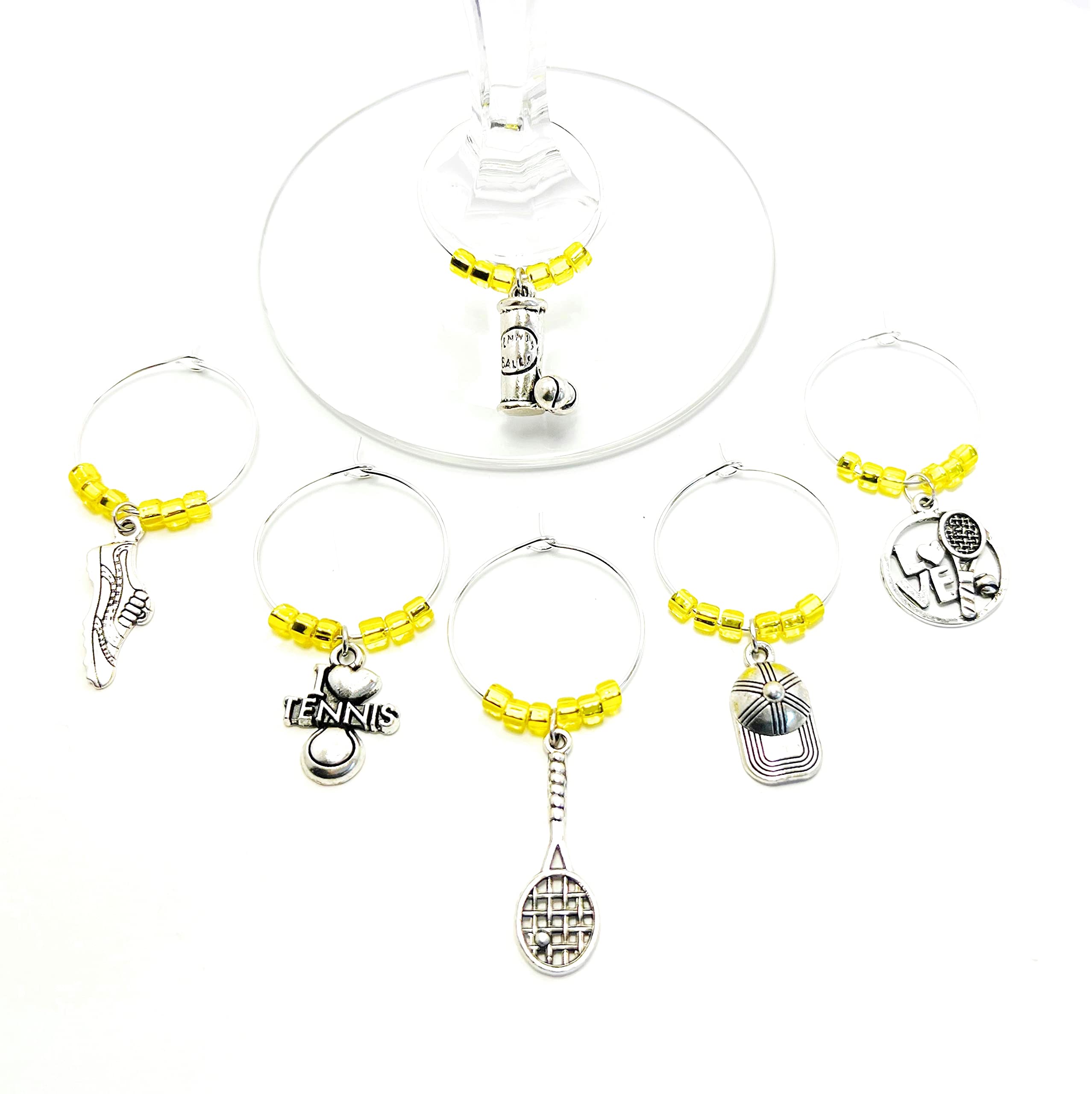 Tennis Wine Charms - Set of 6 Silver Wine Glass Charms - Wine Gift for Wine Lovers, Fun Tennis Gifts for Women