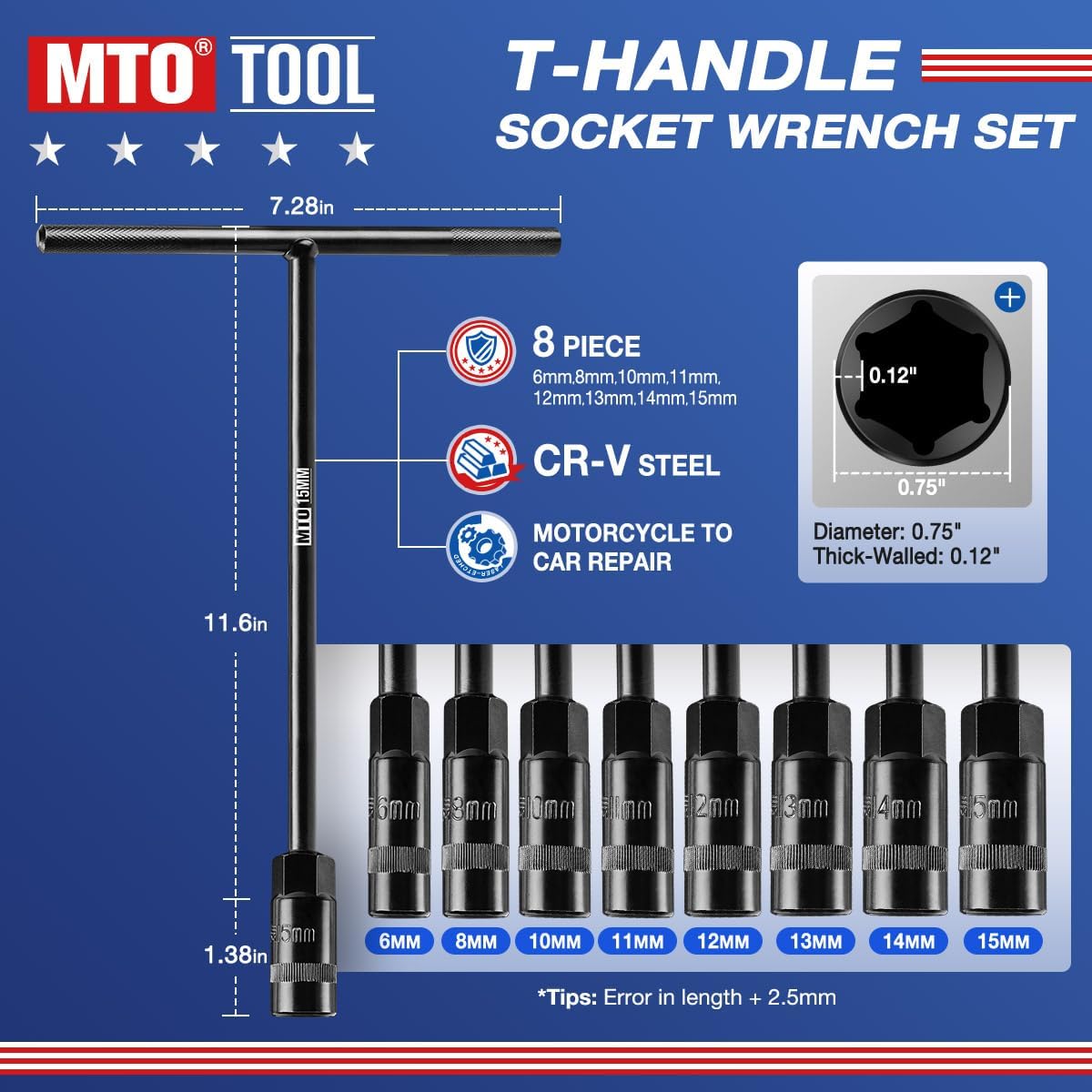 MTO T-Handle Metric Socket Wrench Set, 6-Point (6, 8, 10, 11, 12, 13, 14, 15mm) with Hanging Organizer Strap, Cr-V Steel Lug Wrench Hex Socket for Motorcycle Car Bicycle Repair (8 Pack)