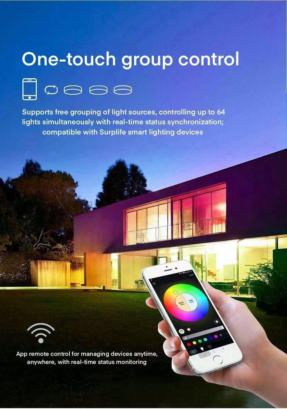 A smartphone displaying the Surplife app with options for group control of multiple smart lights in a modern home setting.