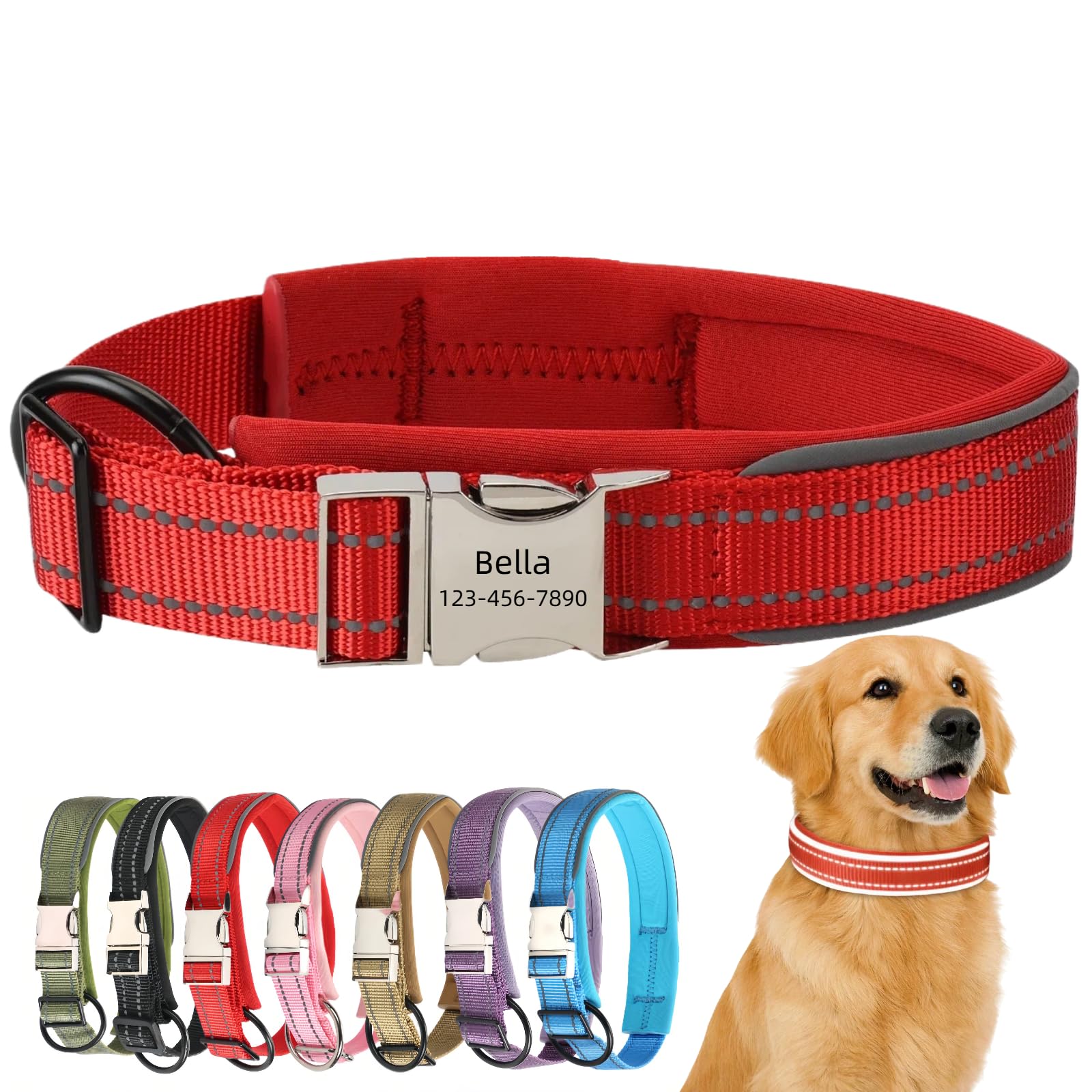 Personalised Dog Collar with Custom Engraved Name Plate Reflective Collar with Quick Release Metal Buckle Adjustable Waterproof Soft Padded Nylon for Medium Dogs (Red, M) — image 1