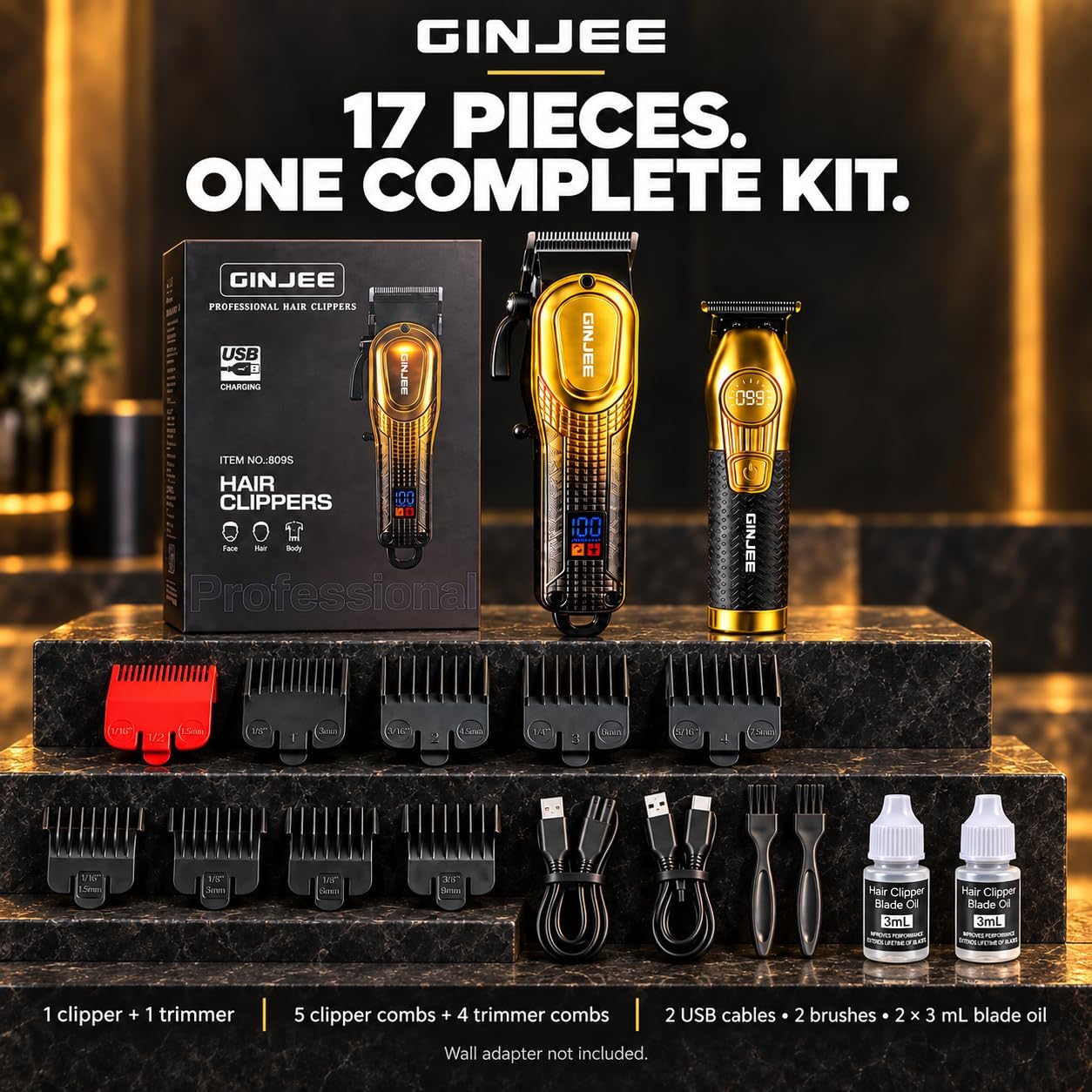 Hair Clippers for Men, Cordless Barber Clipper and Trimmer Set, Gold