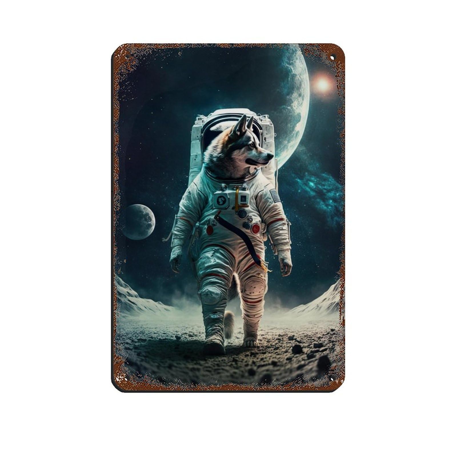 Astronaut Dog, Futuristic Animal Tin Sign Vintage Metal Pub Club Cafe Bar Home Wall Art Decoration Poster Retro 8x12inch(20x30cm)