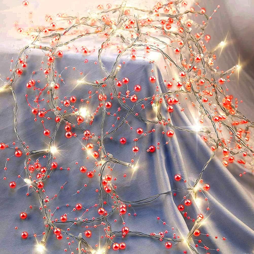 OVV 13FT Christmas Red Pearl String Lights 40LED Lighted Berry Beaded Garland Festive Indoor Xmas Day Decoration Warm Lights for Bedroom Mantel Wedding Party Decor Battery Operated (Red)