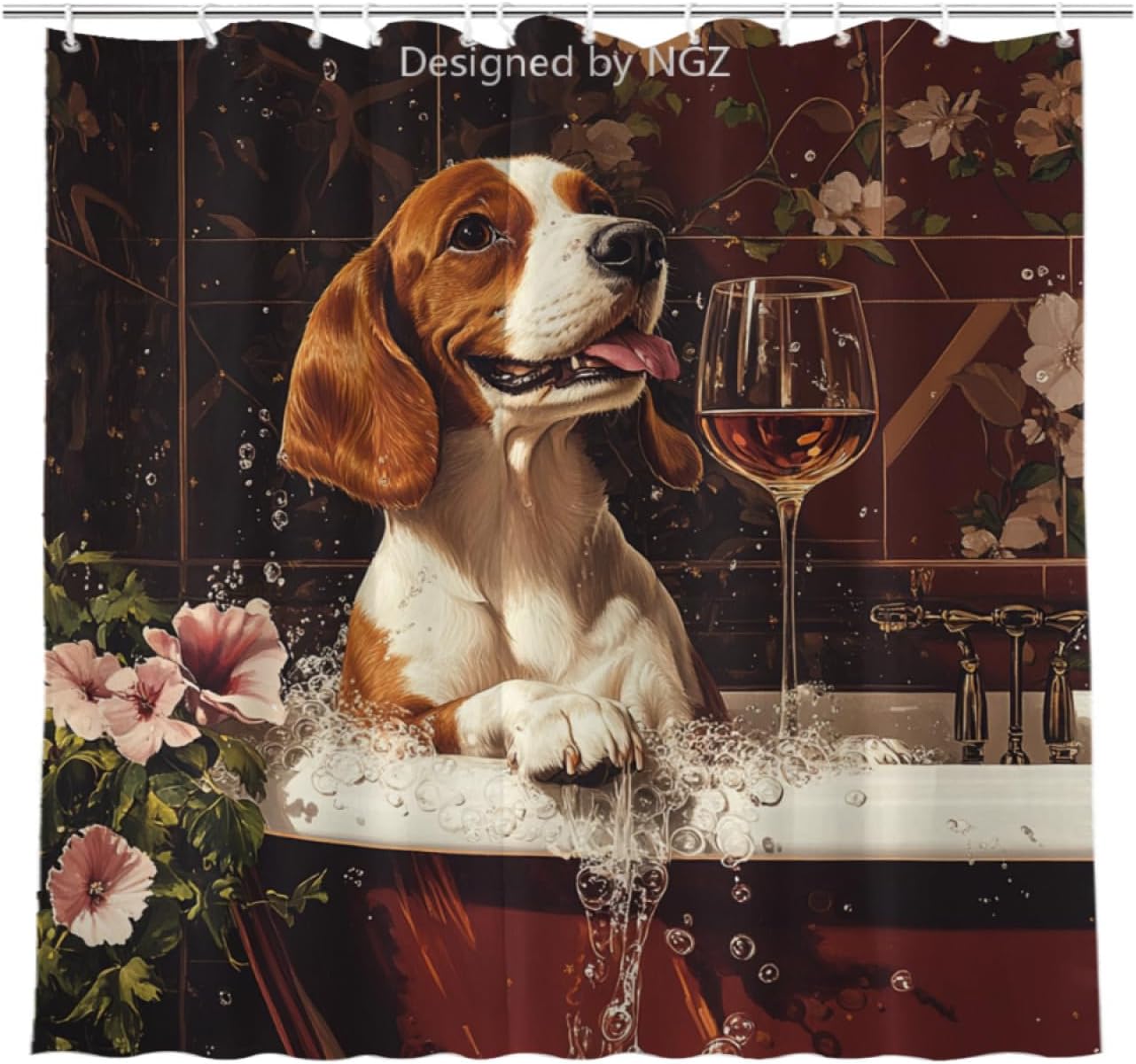 NGZ Funny Beagle Shower Curtain, SPA Beagle with Wine, Red Shower Curtain, 72x72 Inches Floral Shower Curtains for Bathroom, Bath Curtains Set with 12 Hooks