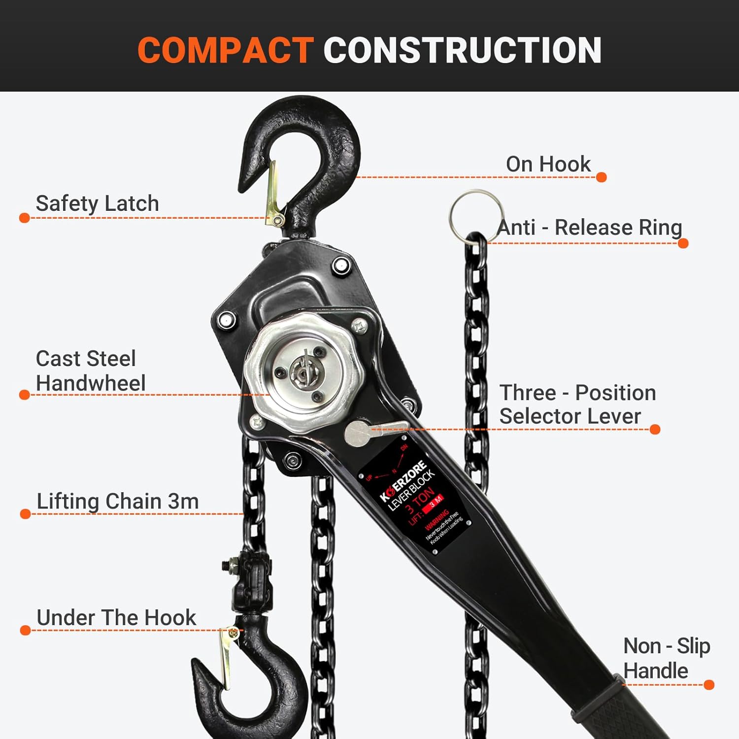 Manual Lever Chain Hoist 3 Ton 6600 Lbs 10ft Lift, G80 Galvanized Carbon Steel Come Along - Compact for Garage, Factory, Warehouse Heavy-Duty Lifting & Pulling