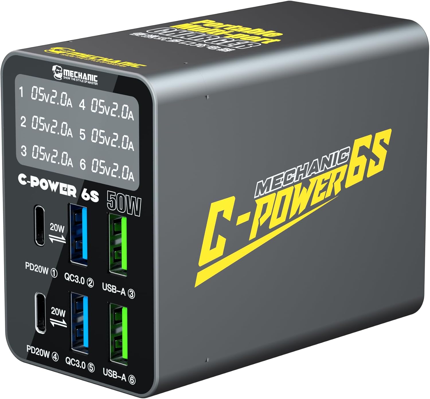 Mechanic C-power 6C/6S/6P Digital display 6-port charger Support PD QC3.0 for mobile phone Tablet computer Fast charging(6S)