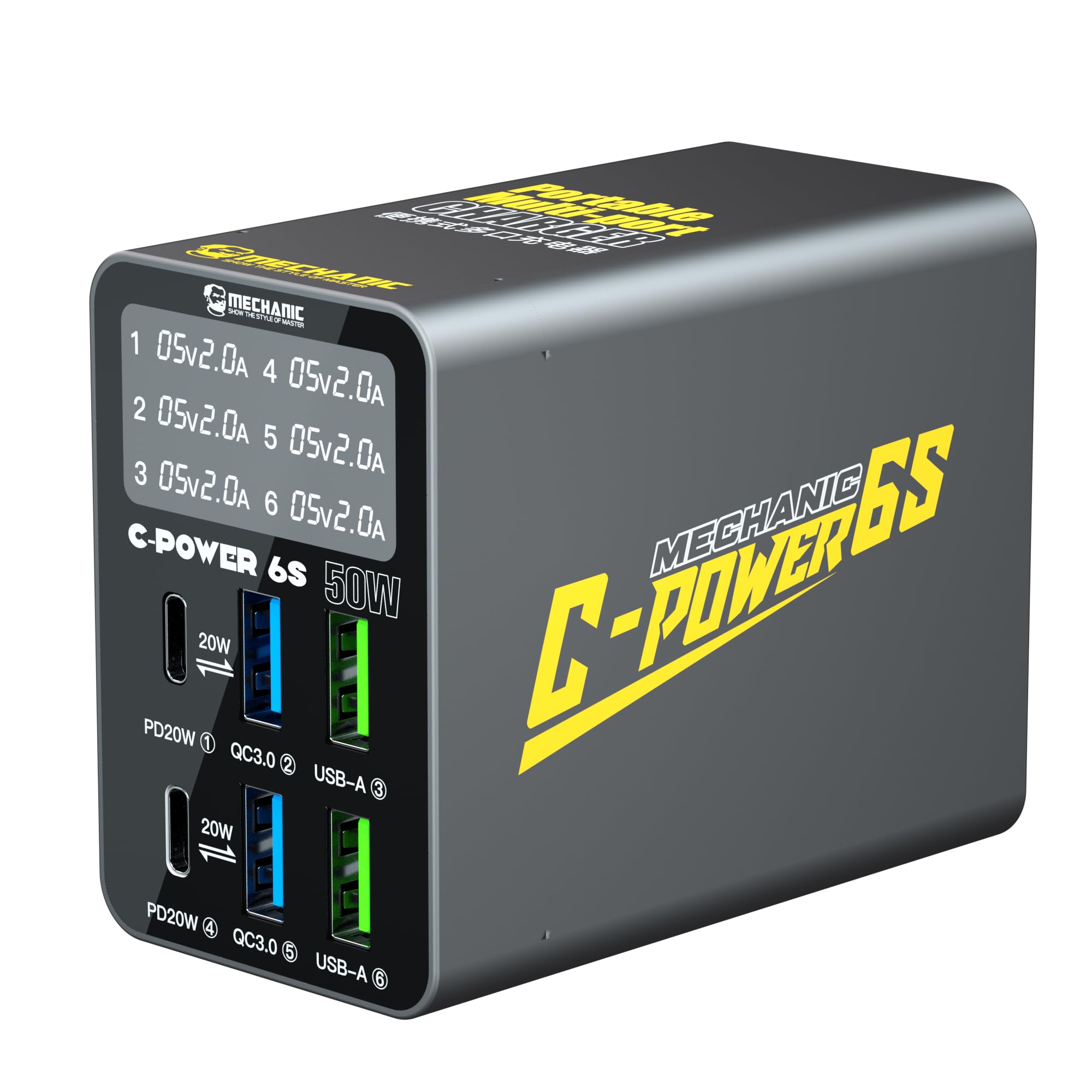 Mechanic C-power 6C/6S/6P Digital display 6-port charger Support PD QC3.0 for mobile phone Tablet computer Fast charging(6S)