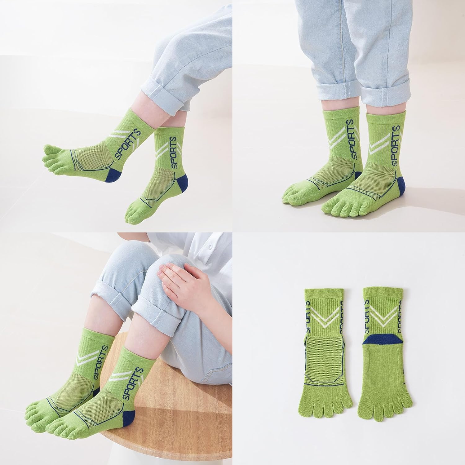 2 Pairs Cotton Five Finger Toe Socks Athletic Sports Breathable Mesh Seperated Socks for Boys Girls Kids Teens 6-15 Years
