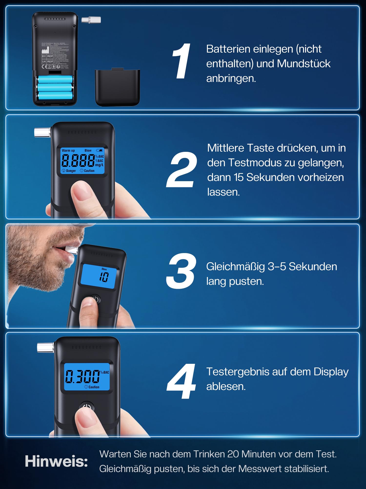 Alkoholtester Promillemessgerät Atemalkoholtester mit Halbleiter Sensorik LCD Display - Tragbarer Alkoholmessgerät 10 Mundstücken Schwarz