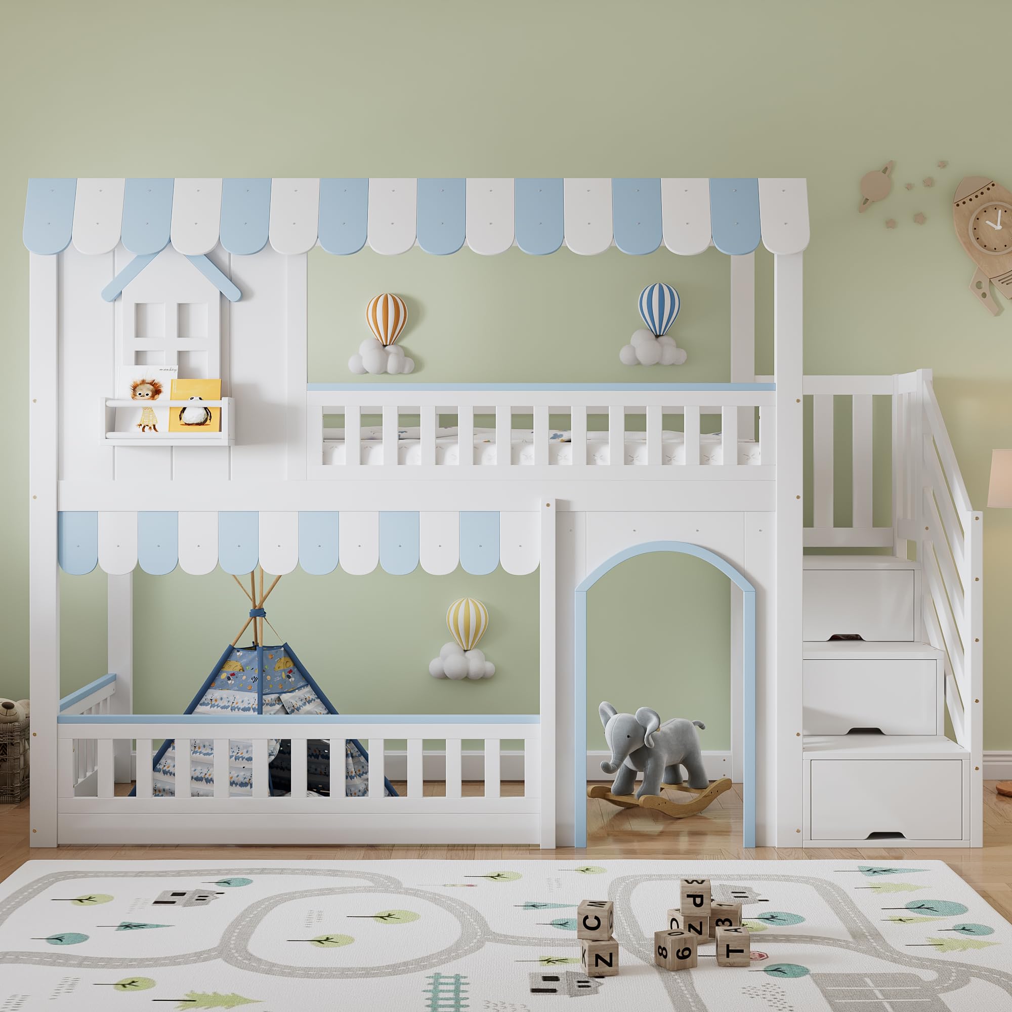 Mrwoo Etagenbett Hochbett 90x200 cm, Kinderbett mit Fenster, Stauraumbett mit 3 Treppe Schließfächer, Rausfallschutz Geländer, Kiefer+MDF+Sperrholz, Weiß+Blau (Ohne Matratze)