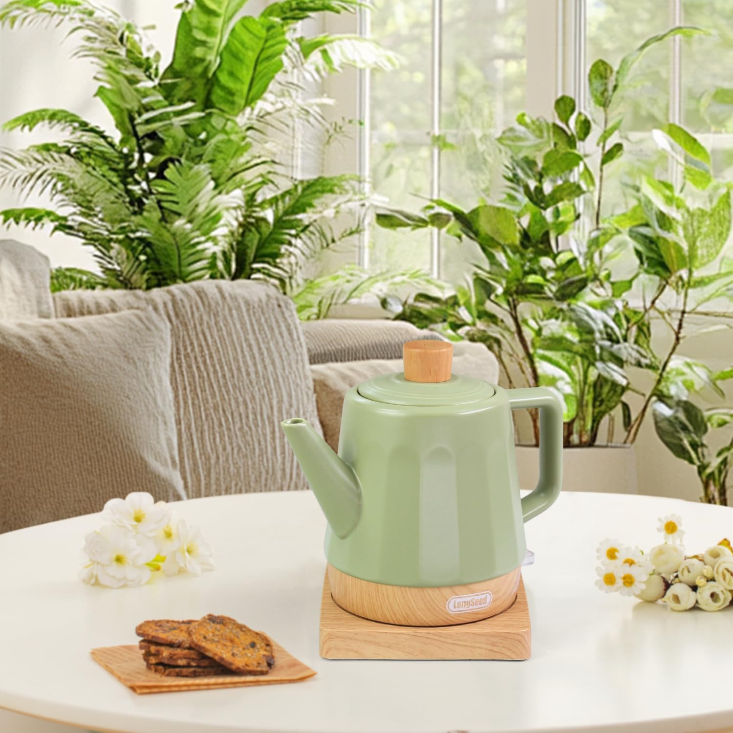 Ceramic Electric Kettle 1.2L, Automatic Shut Off Tea Kettle & Hot Water Boiler Pot For Coffee & Tea, Prevent Boil Dry, 1000W, Seed-green