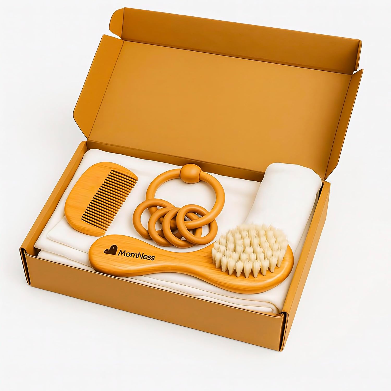 MomNess Newborn Baby Gift Set – 9 Natural Essentials | Muslin Cotton Swaddle, Towel, Washcloths, Neem Wood Comb, Brush & T...