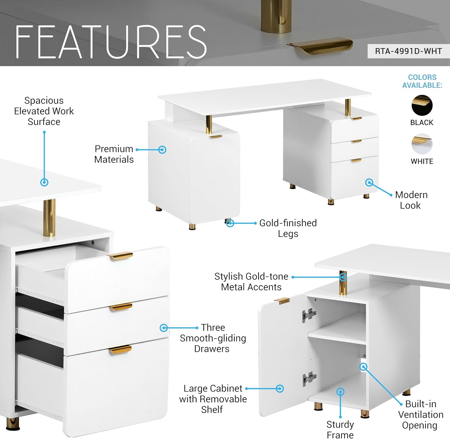 Elegant 56.75" W Executive Desk with 3 Drawers and Storage Cabinet, Modern Office Desk with Gold Accents, Floating Work Surface, Closed Storage with Ventilation & Adjustable Shelf (White,Gold)