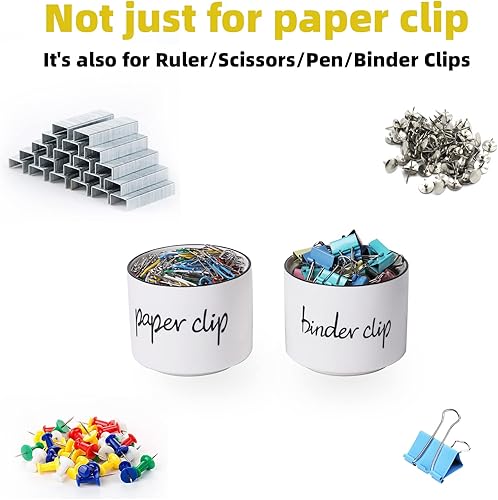 Miniatura 4 de ONTUBE Soporte de clip de papel de cerámica y soporte de clip de carpeta Set organizador dispensador para escritorio (blanco)