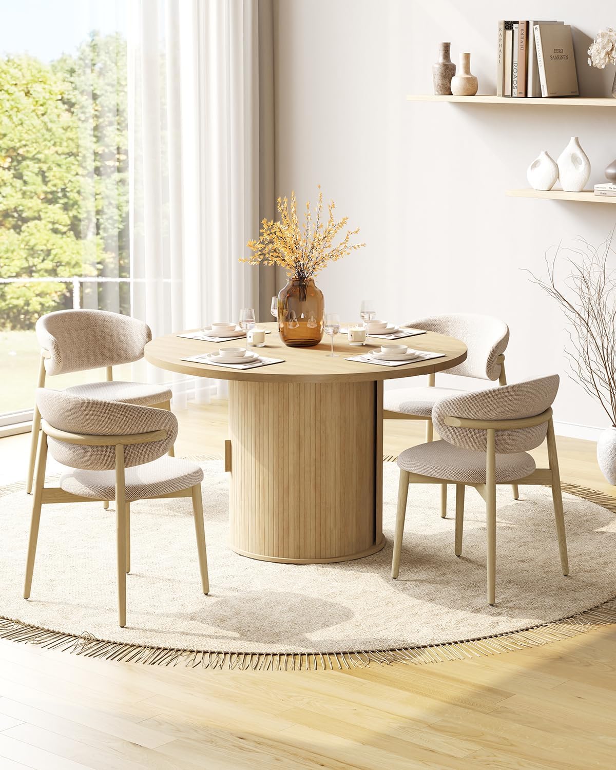 LINLUX 47-inch Round Dining Table with Storage, Modern Fluted Design Side Shelf for Dining Room, Kitchen, Perfect for 4-6 People (Natural Wood)