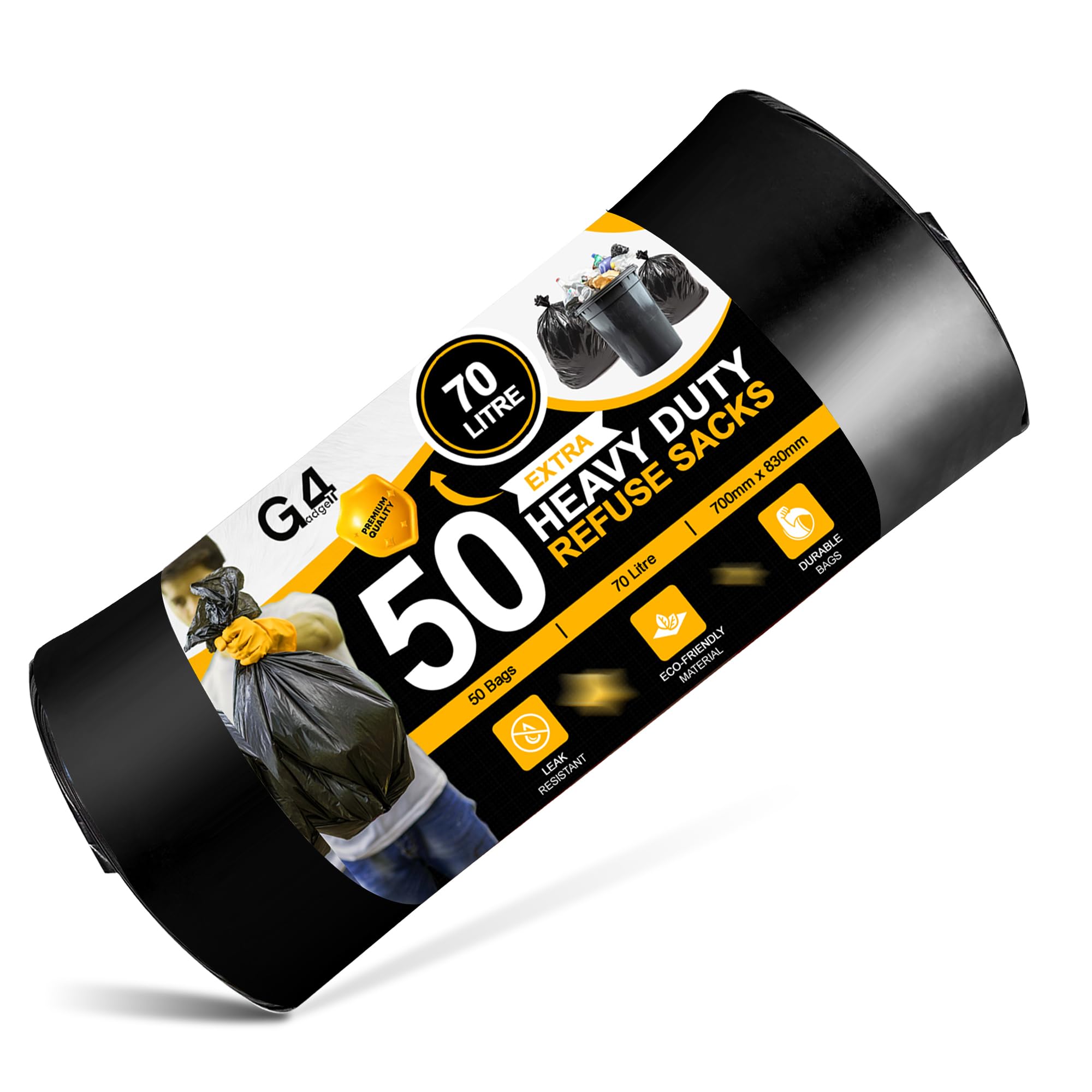 G4GADGET 70L Black Bin Bags (50 Bags) – Refuse Sacks | Bin Liners for Household, Kitchen, Garden & Office | Tear Resistant Rubbish Bags | Extra Thick Trash Sacks