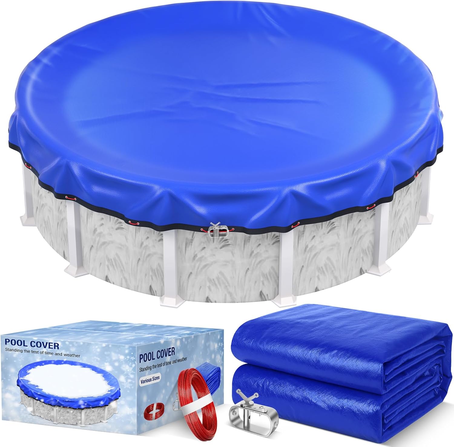 Photo 1 of  24FT Round Winter Pool Cover 500D Extra Thick Above Ground Pool Cover Above Ground Pool Protection with Winch and Cable Royal Blue 