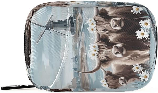 Weekly Pill Organizer, Highland Cows White Flowers Windmill Blue Oil Pattern Pill Case 7 Day Travel Medicine Organizer Box for Vitamin Supplement