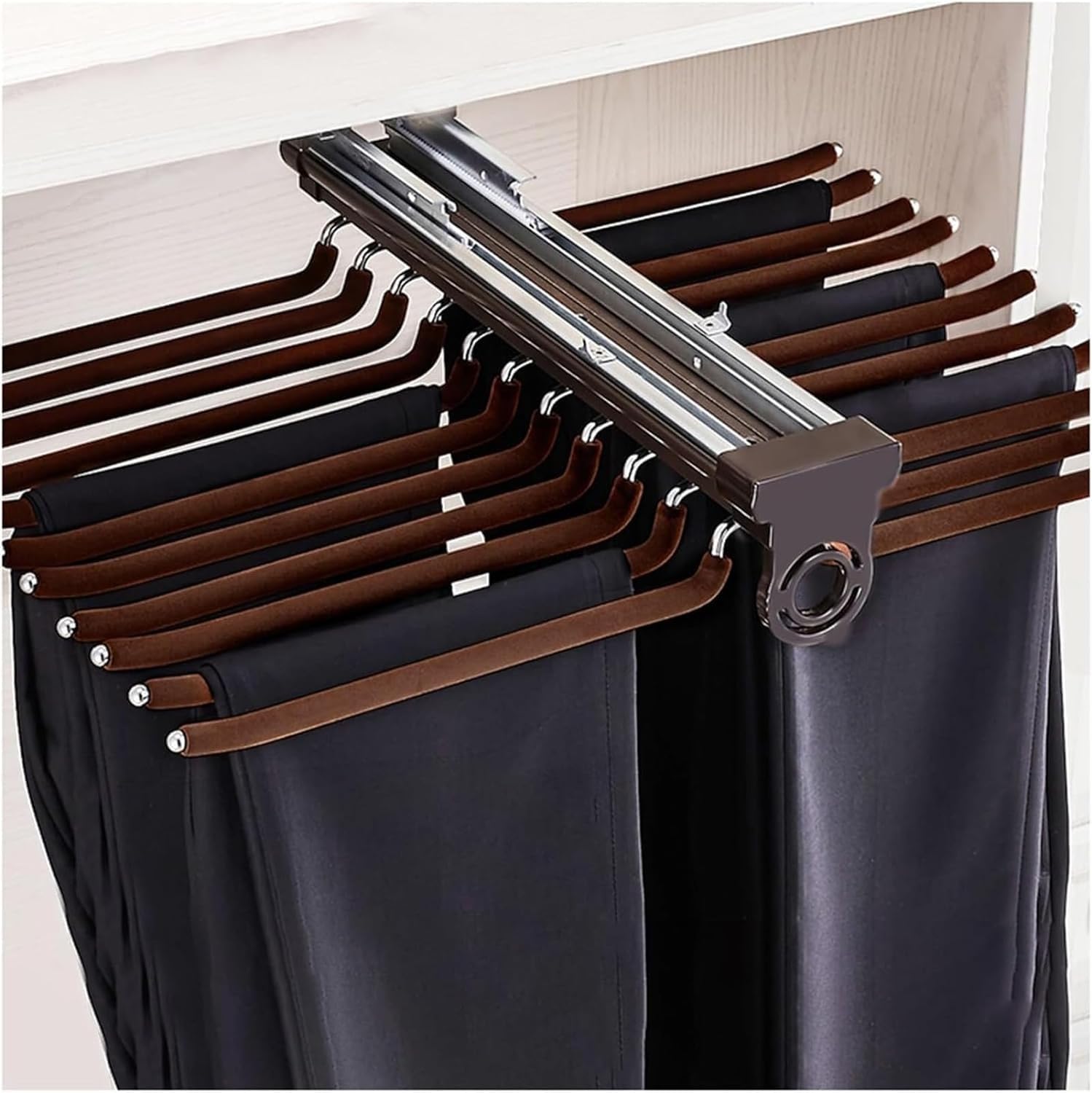SAeWare Ausziehbares Hosenregal, Multifunktions-Organizer, Hosenschubladenhalter für 22 Hosen, ausziehbarer Hosenhalter, für Jeans, Hosen, Röcke, Schal, Kaffeebraun, 58,7 x 45,7 cm