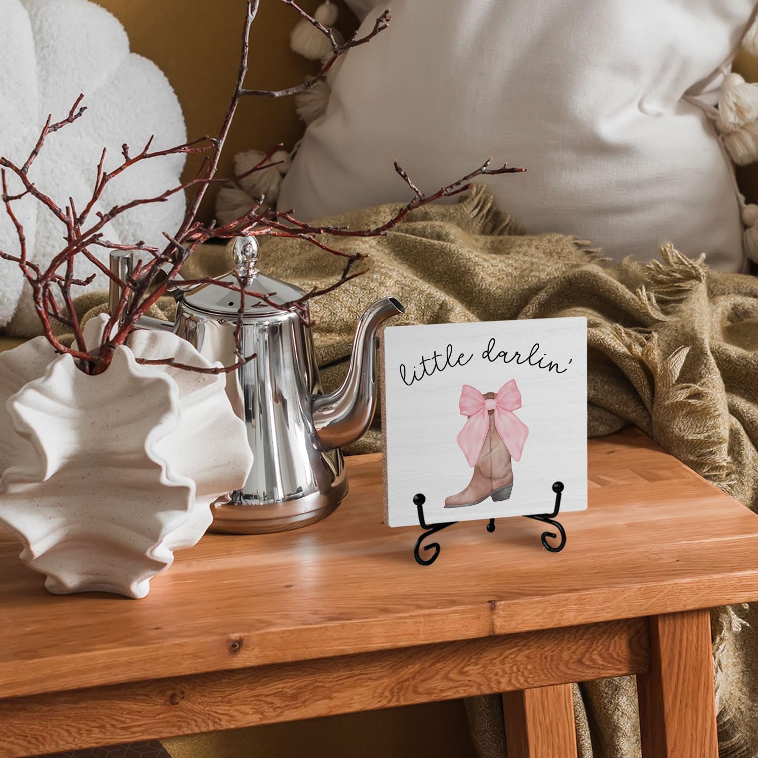 Cowgirl Nursery Wooden Desk Sign, Western Coquette Pink Bow Cowgirl Boots Wood Plaque With Stand for Little Girls Room Dorm Nursery Playroom Desk Tabletop Shelf Decor image 5