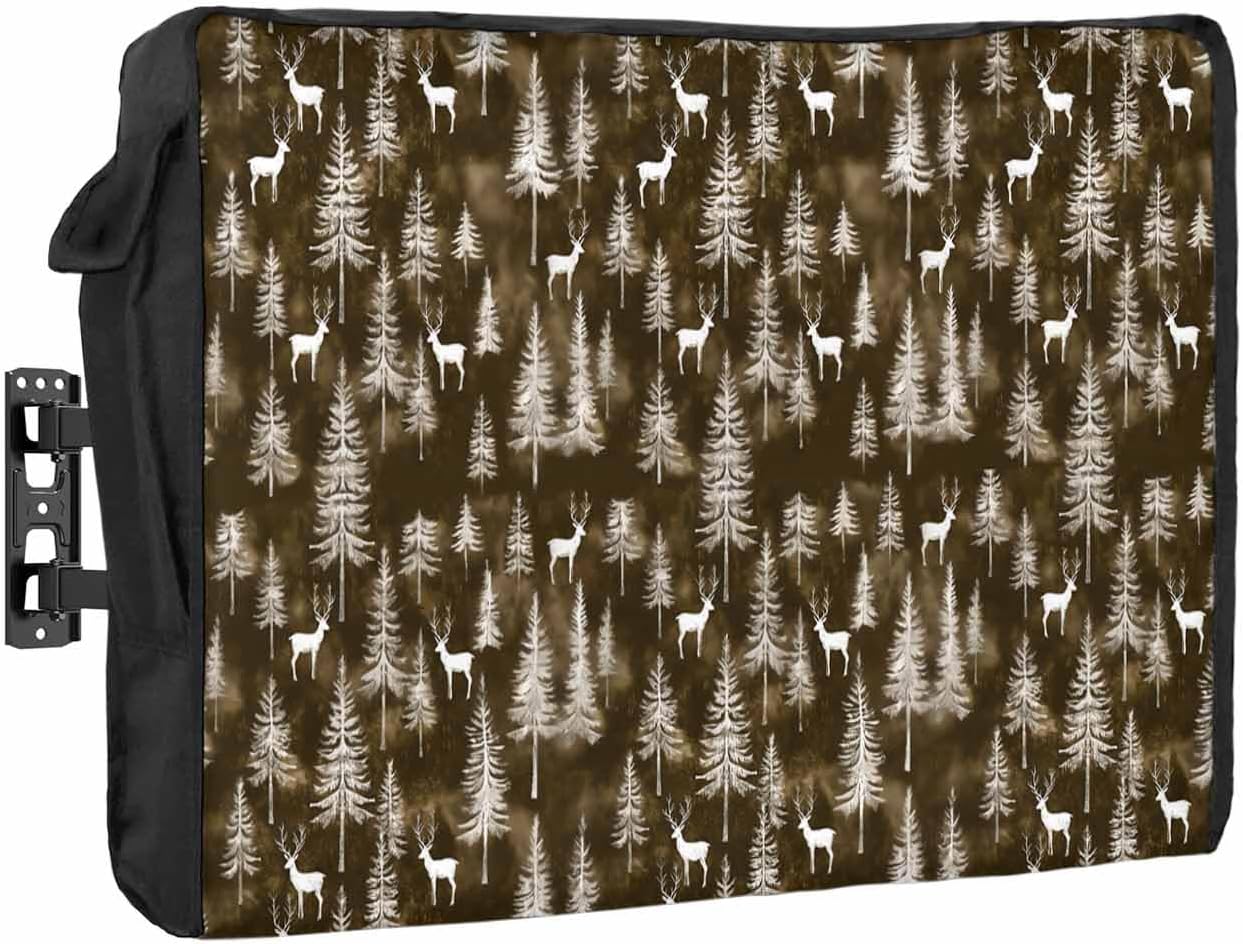 Christmas Tree Elk Outdoor TV Cover 60"-65" - 600D Waterproof TV Cover Weatherproof TV Screen Protector Dustproof Winter Xmas Pine Deer Gray Black TV Display Protector for Outside Flat Screen TV