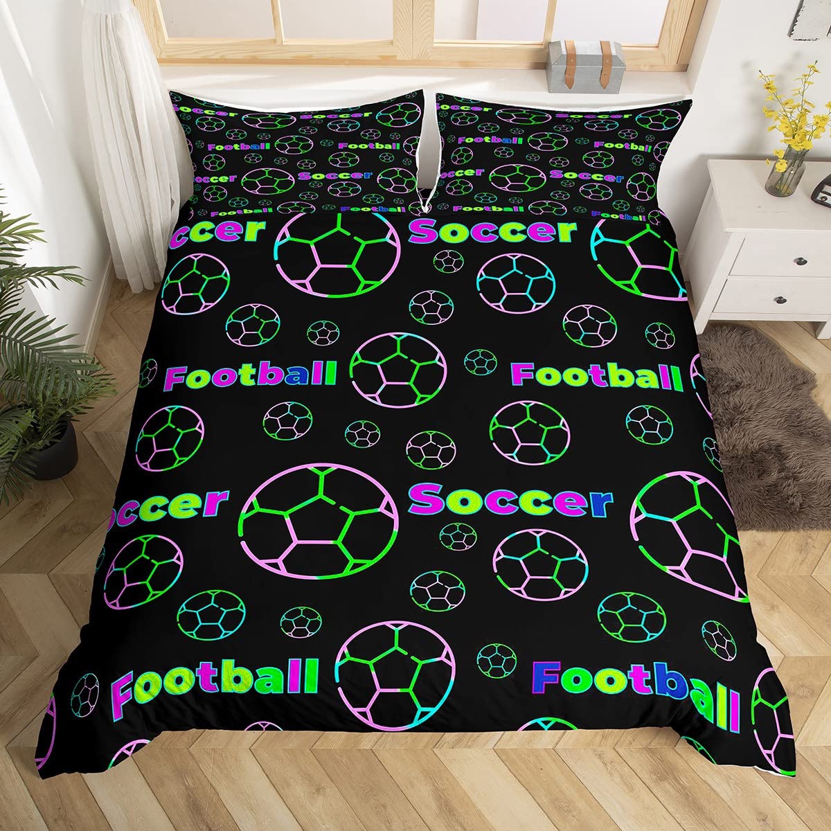 Sports Soccer Ball Duvet Cover Fluorescent Green Pink Football Bedding Set for Kids Boys Fun Sports Comforter Cover 3D Ball Bedspread Covercases 3Pcs Bedding King Size โ image 1