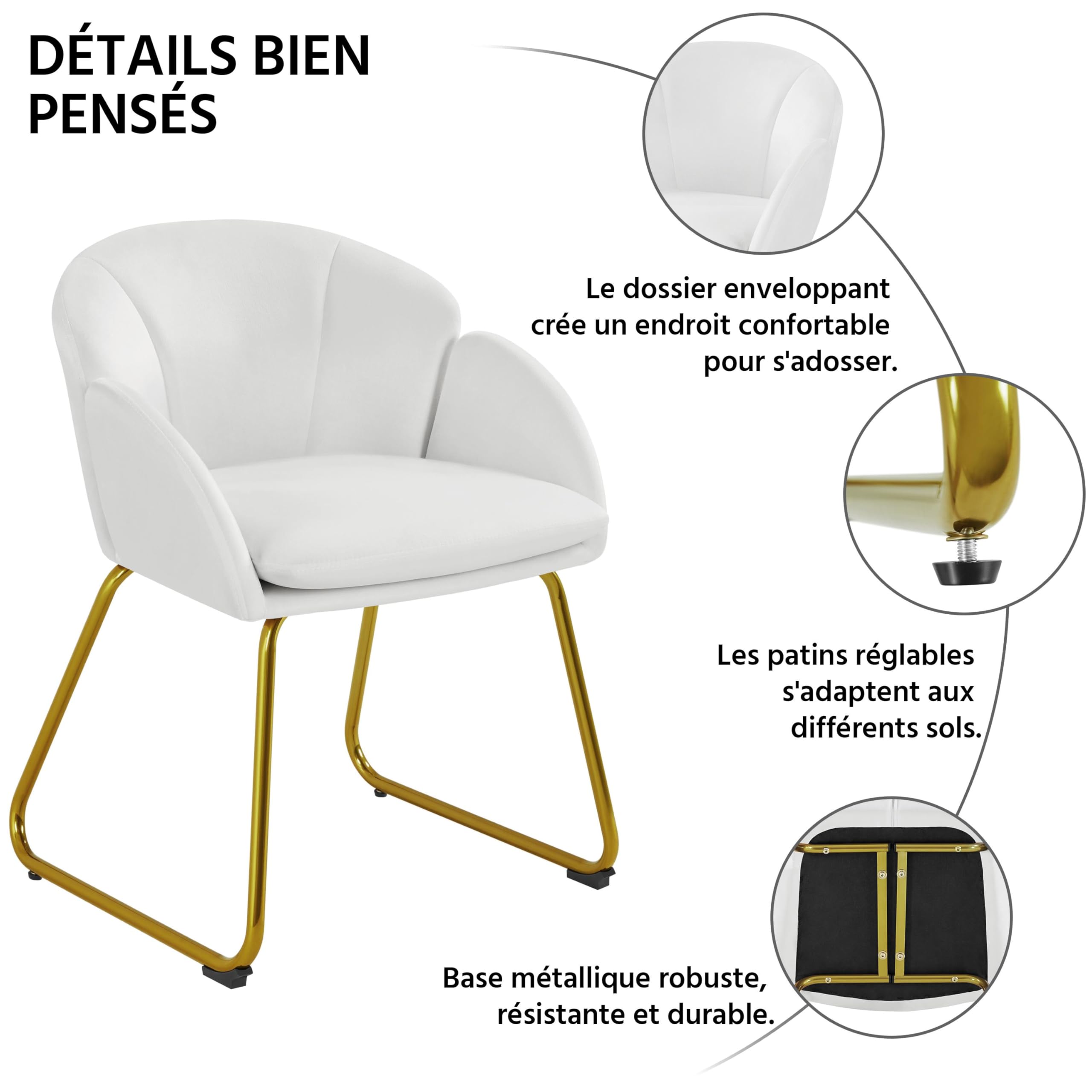 Yaheetech Fauteuil de Chambre à Coucher, Salon, rembourré, Haut Moderne, Ergonomique, en Velours, avec Dossier Circulaire, accoudoirs, Pieds en métal, Charge 136 kg Blanc