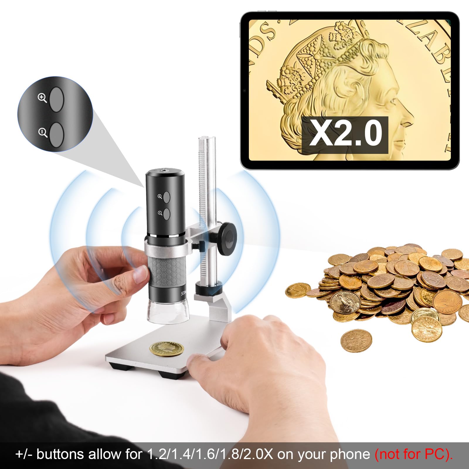 Mikroskop Mostanne 4K z metalowym uchwytem Pro, aparat cyfrowy mikroskop o rozdzielczości 3840 x 2160, powiększenie 50X do 1000X, kompatybilny z tabletami iPhone Android Mac Chrome Linux i Windows