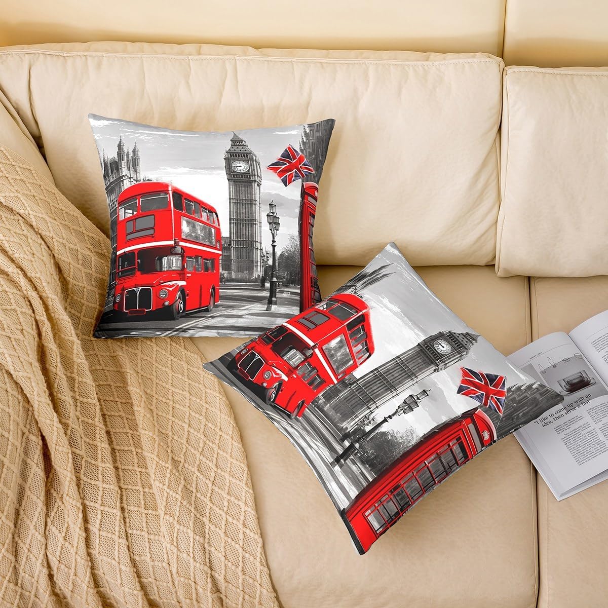 jejeloiu London Big Ben Pillow Cases Cushion Covers Retro Telephone Booth Throw Pillow Covers 16"x16" Set of 4 Soft Sightseeing Bus Modern City Throw Pillowcases for London Themed Cushion Cases image 2