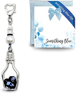 Gutsy Goodness Something Blue Wedding Day Time in a Bottle Gift For Bride | Bouquet charm pendant with jewel-toned heart and rhinestones, jewelry pouch. Bridal shower keepsake idea from mom or grandma