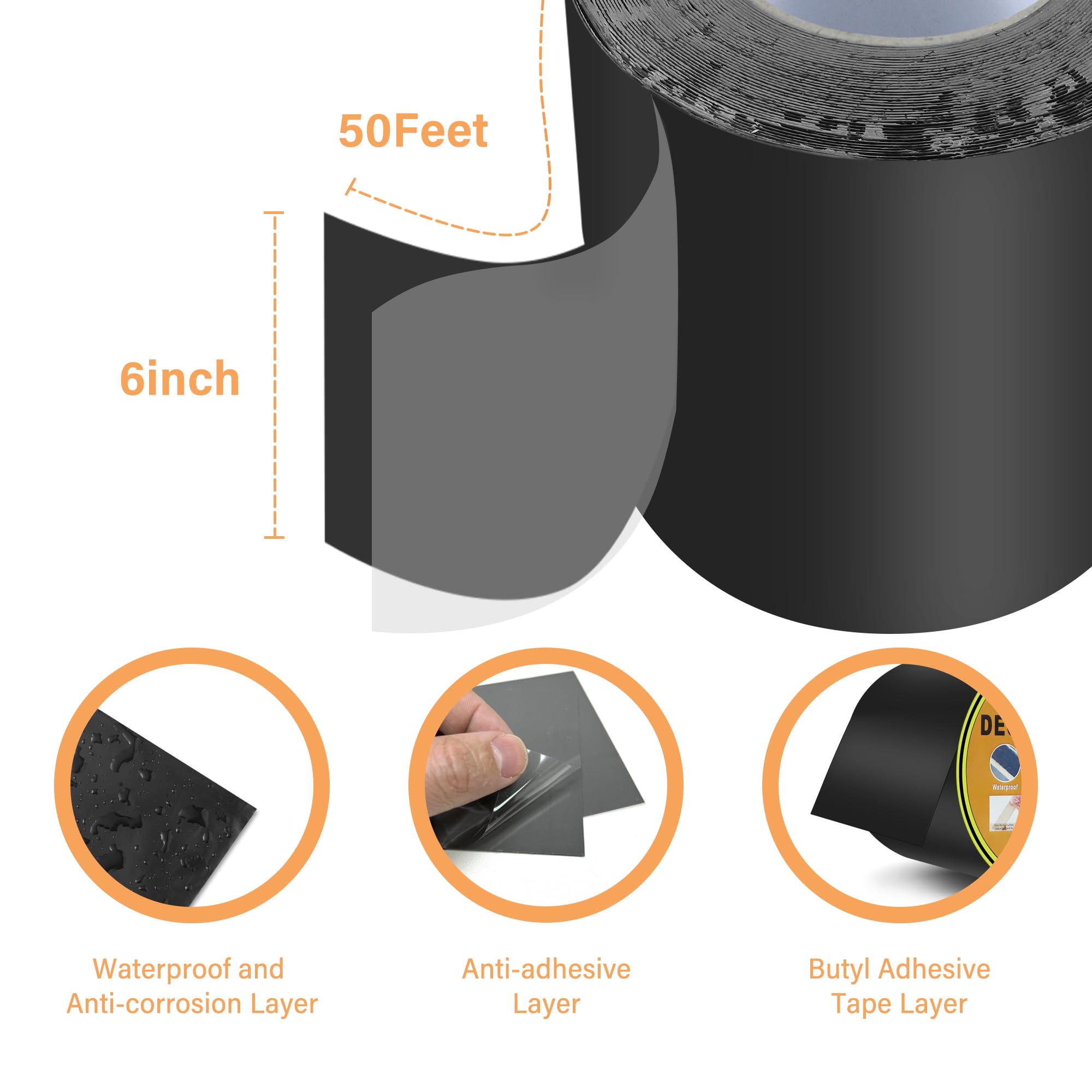 Cinta adhesiva de butilo para cubierta impermeable y resistente a la intemperie, autoadhesiva, anticorrosión para vigas y vigas de madera (1 pieza de 6 pulgadas x 50 pies)