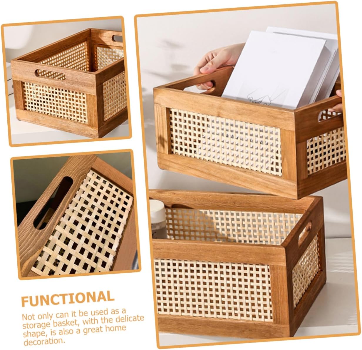 Handmade Woven Storage Basket Rustic Hollow Carved Solid Wood Desktop Organizer Box Large Capacity Home Storage Bin for Bathroom Nursery and Office