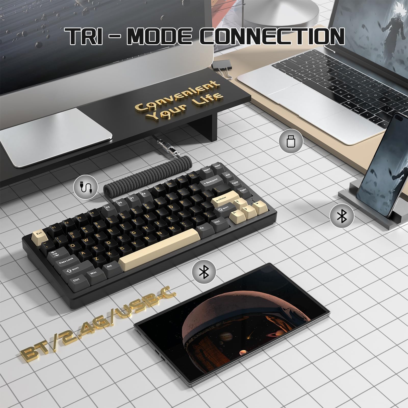 ATTACK SHARK X75 VIA Con Tastiera Meccanica Wireless in Alluminio Completo, BT/2.4GHz/USB-C Cablate, Hot-Swap Interruttori Lineari RGB, Layout 75% QWERTY Con Imbottitura a Cinque Strati -Nero