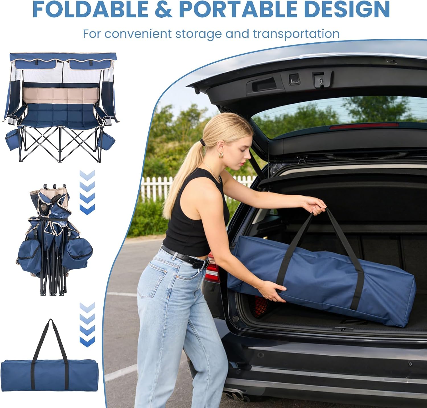 DoCred Double Beach Camping Chair with Canopy, Folding 2 Person Camping Chairs with Cooler Bag,Portable Outdoor Loveseat with Shade, Oversize Camp Chair for Lawn, and Outdoor Activities,Navy Blue