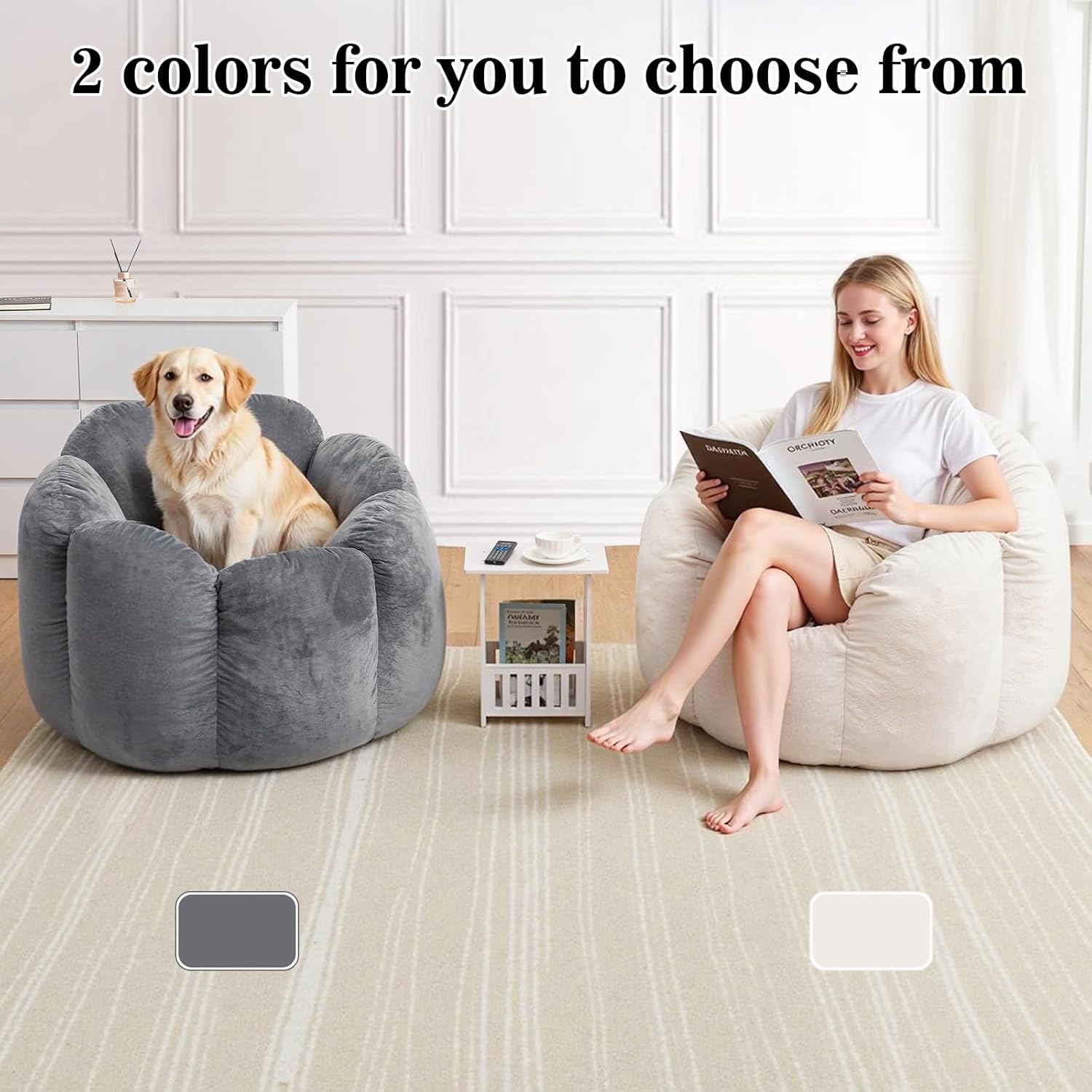 HOMMPA Bean Bag Chair for Adults Comfy Velvet Bean Bag Couch with Back Support Flower Shaped Oversized Sofa for Living Room,Bedroom,Dorm,Beige