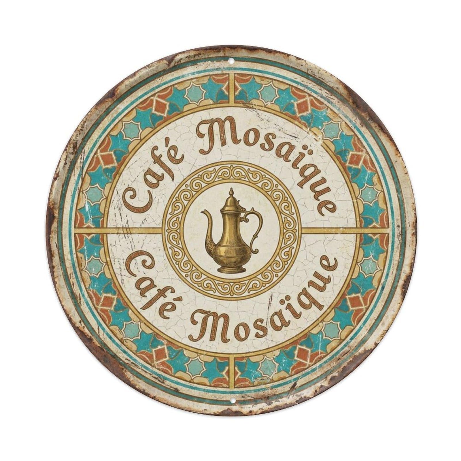 French Moka Tile Pot Mosaic Coffeehouse Espresso Cafe Metal Tin Sign Plaque Wall Decor for Cafe, Man Cave, Club Bar, Office, Home Garden Round Metal Poster 8x8Inch