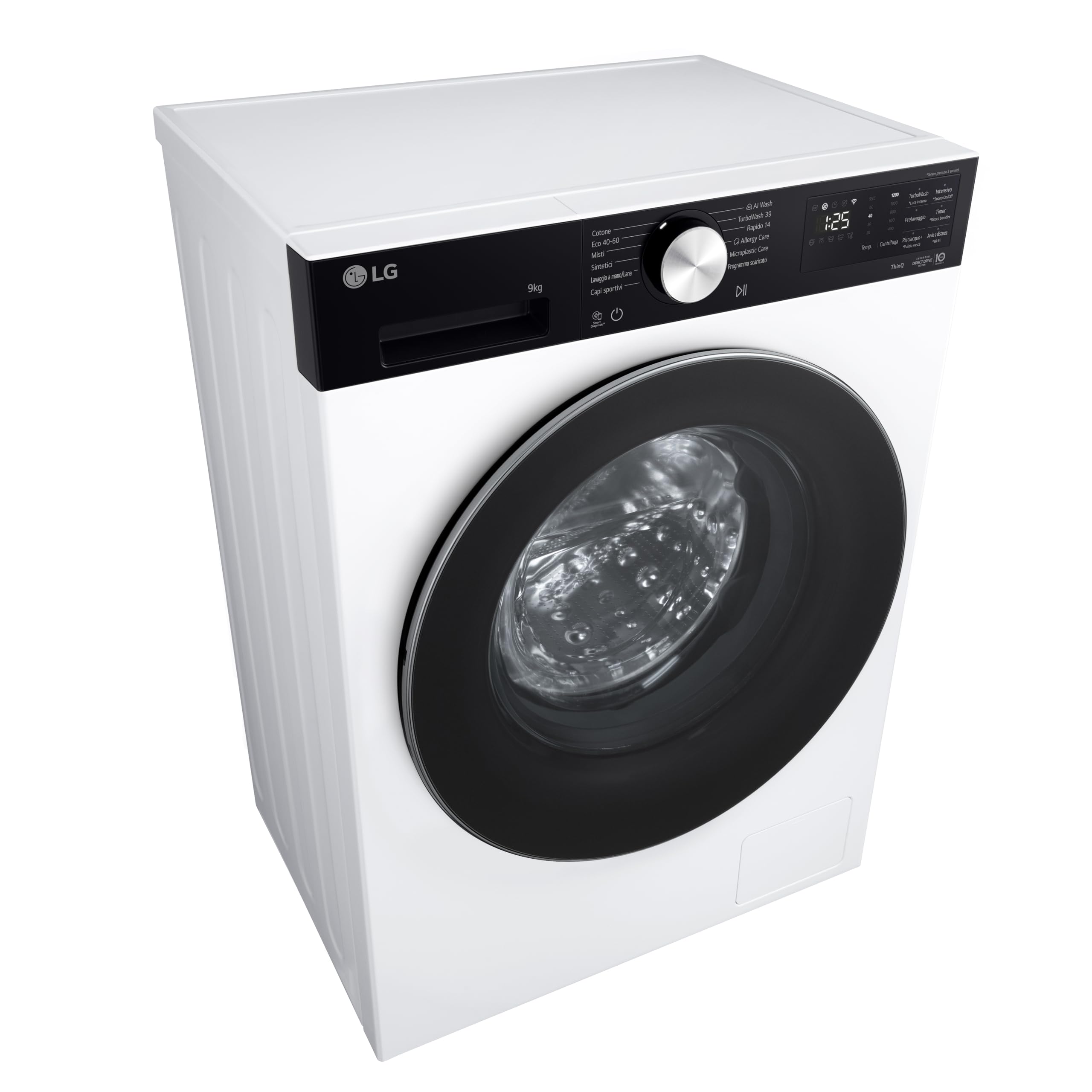 LG F2NX50S9TKC Lavatrice Slim 9 kg Next AI DD, Classe A -30%, 1200 Giri, Programma AI Wash con Intelligenza Artificiale, Wi-Fi, Allergy Care, TurboWash 360, Serie X5, White Black Pannel e Silver Knob