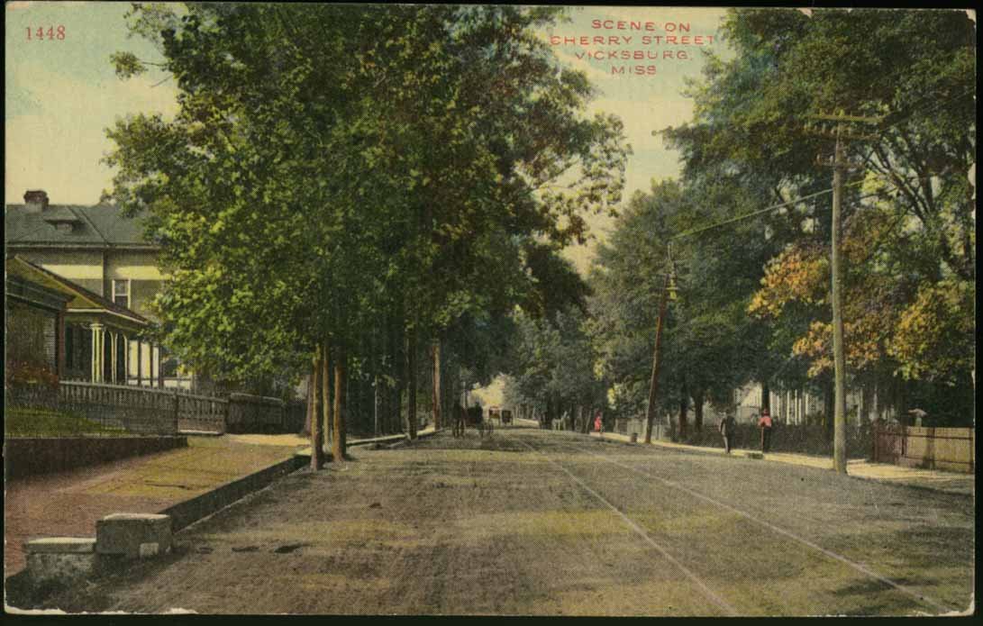 Scene on Cherry Street (Vintage Vicksburg Mississippi Postcard) (No
