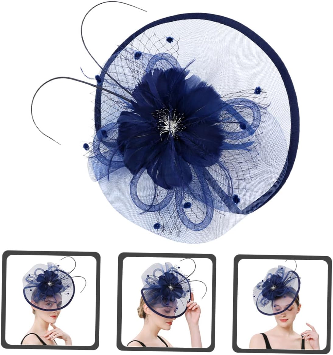 Hemobllo Navy Blue Mesh Yarn Decorative Hat with Plume Headband and Clip, 1920s Style Cocktail Hair Accessory for Women, Wedding and Tea Party Special Occasion