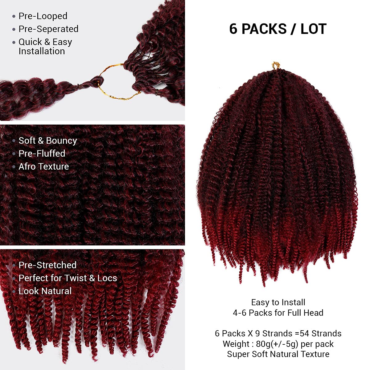 AU-THEN-TIC 18 Inch 8 Pack Afro Kinky Twist Braid Hair Pre Looped Springy Long Braiding Hair for Twist Crochet Braid Synthetic Hair Extensions (18 Inch (8 Pack), T1B/BURG)