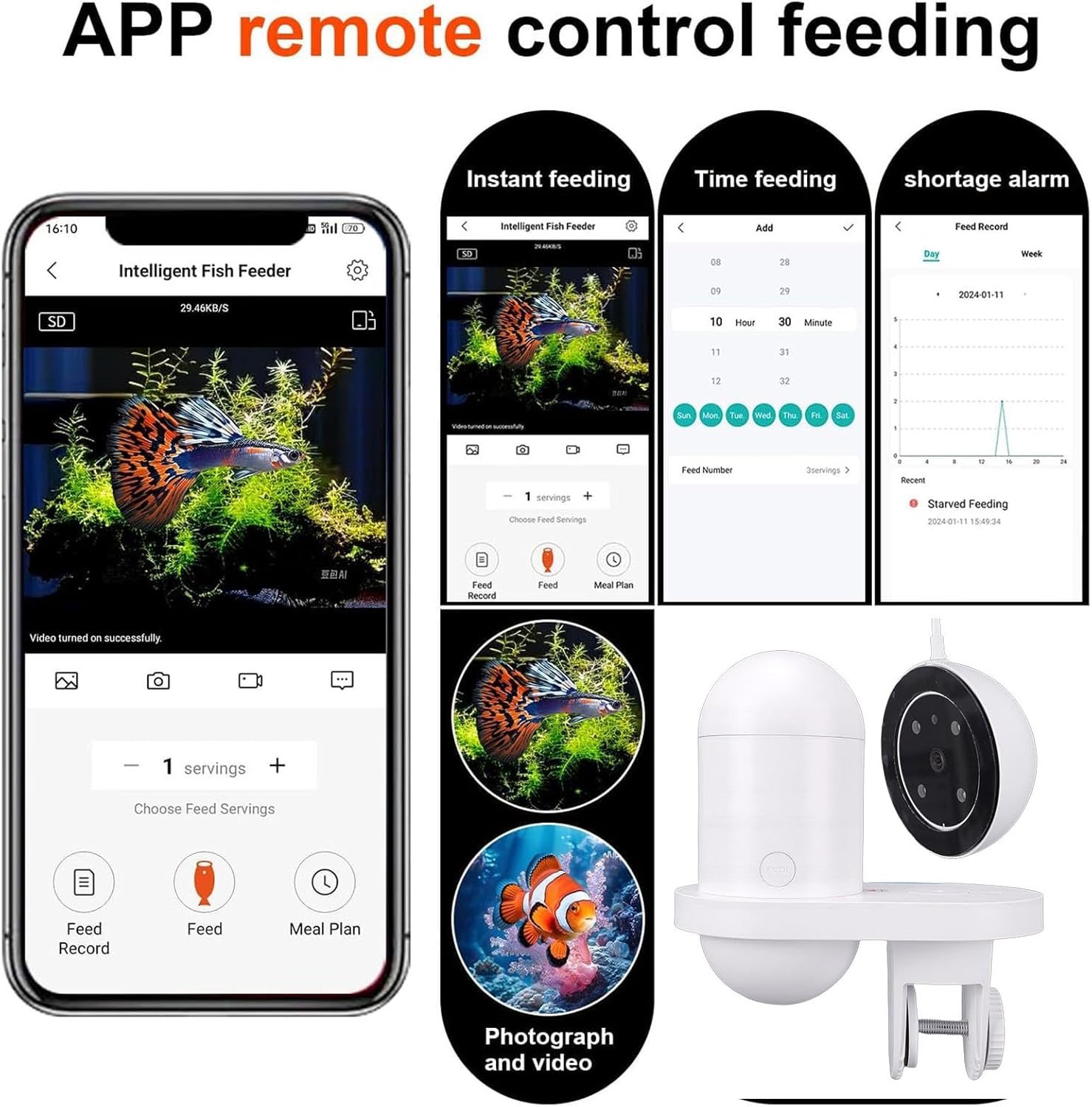 Automatic Fish Feeder, 2.5K HD Camera & WiFi App Control, Smart Aquarium Feeder, Customizable Portions & Schedules, 230ml Capacity for Powder Pellet Stick Food